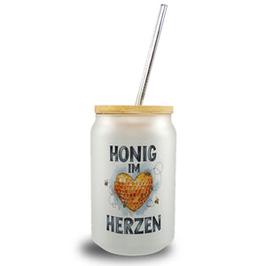 Honig im Herzen Trinkglas mit Bambusdeckel Herz Honigwaben