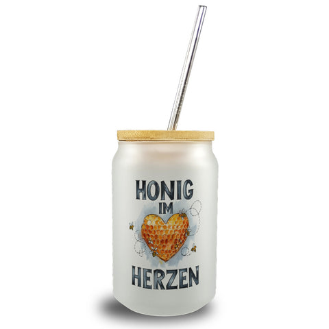Honig im Herzen Trinkglas mit Bambusdeckel Herz Honigwaben