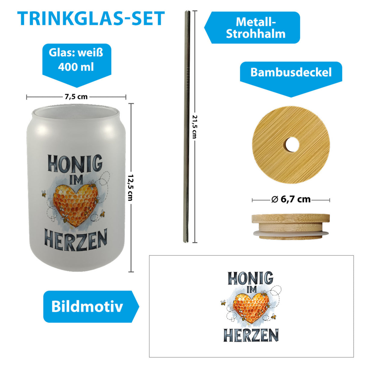 Honig im Herzen Trinkglas mit Bambusdeckel Herz Honigwaben