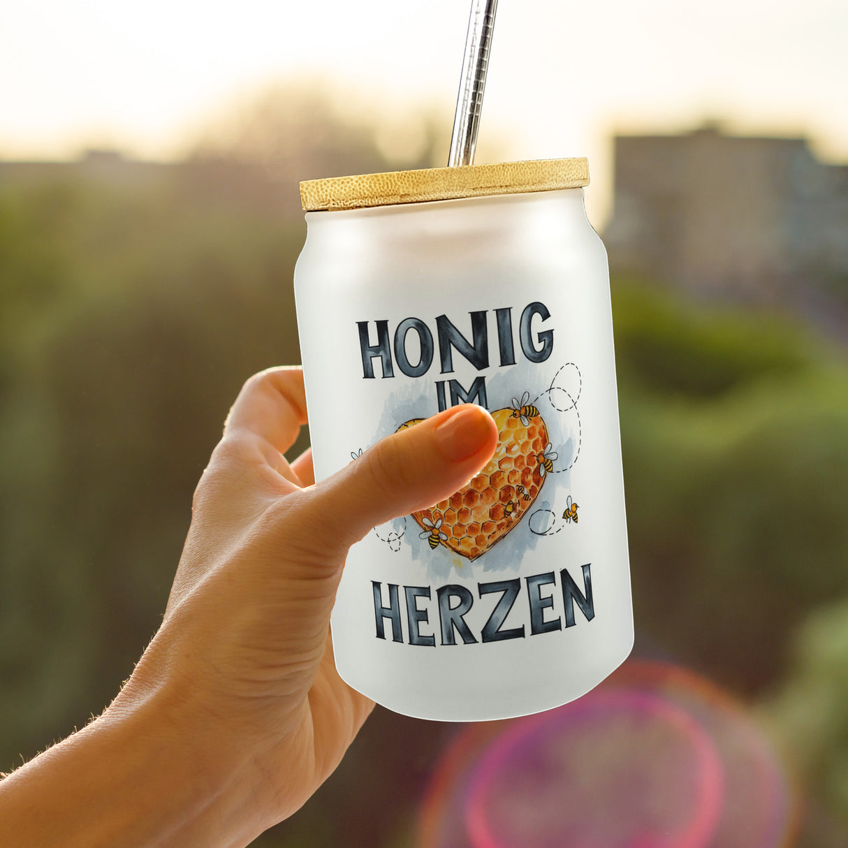 Honig im Herzen Trinkglas mit Bambusdeckel Herz Honigwaben