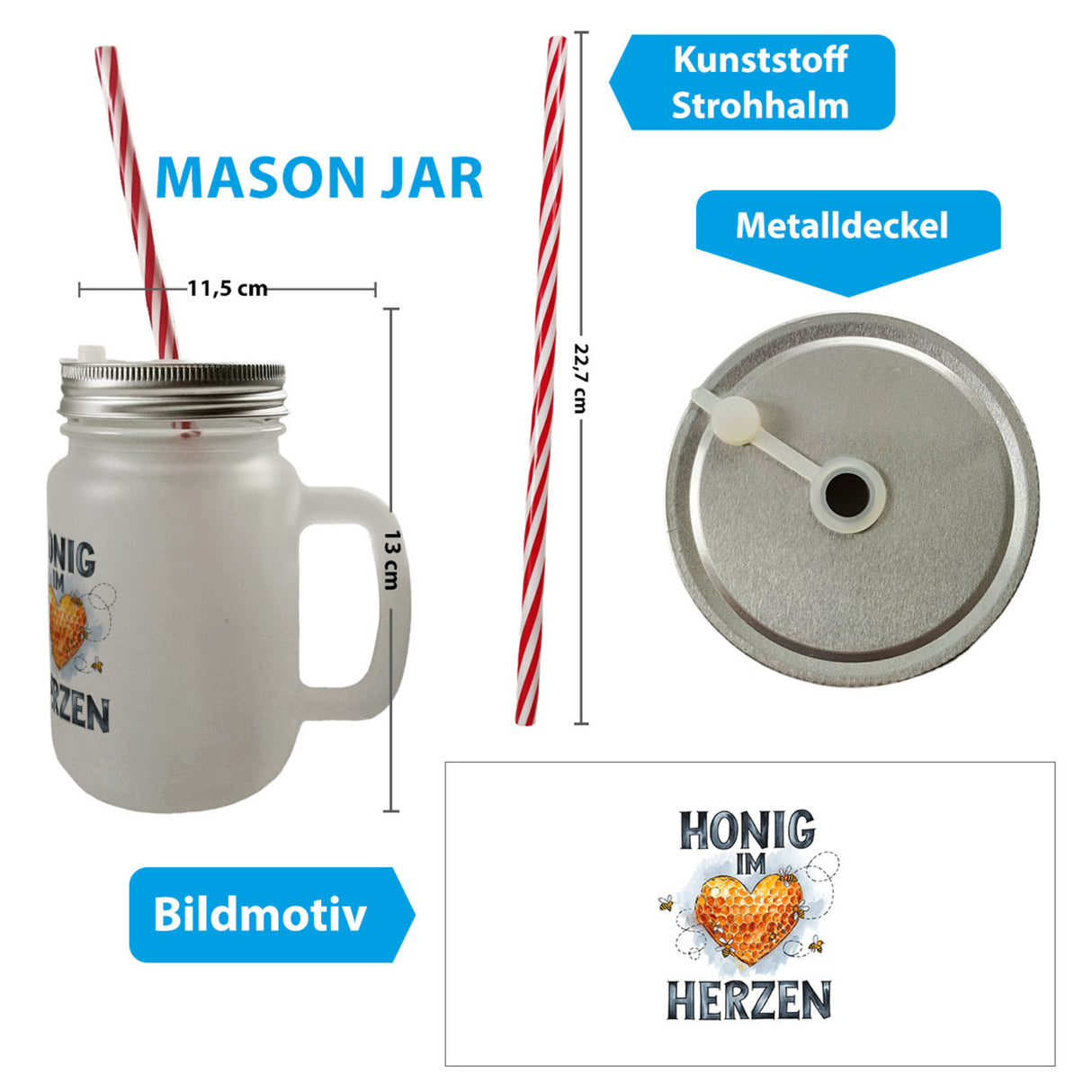 Honig im Herzen Trinkglas mit Bambusdeckel Herz Honigwaben
