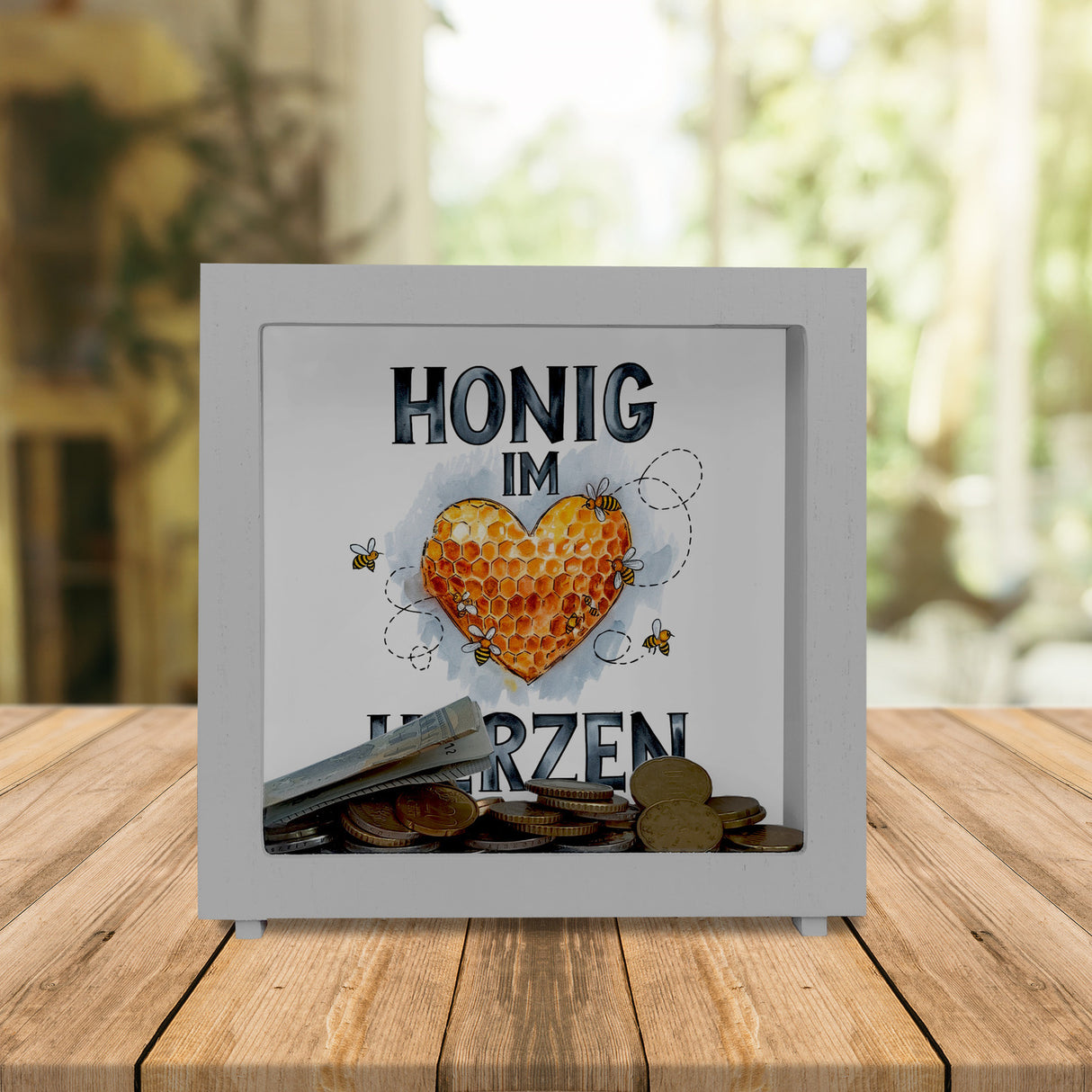Honig im Herzen Spardose Herz Honigwaben