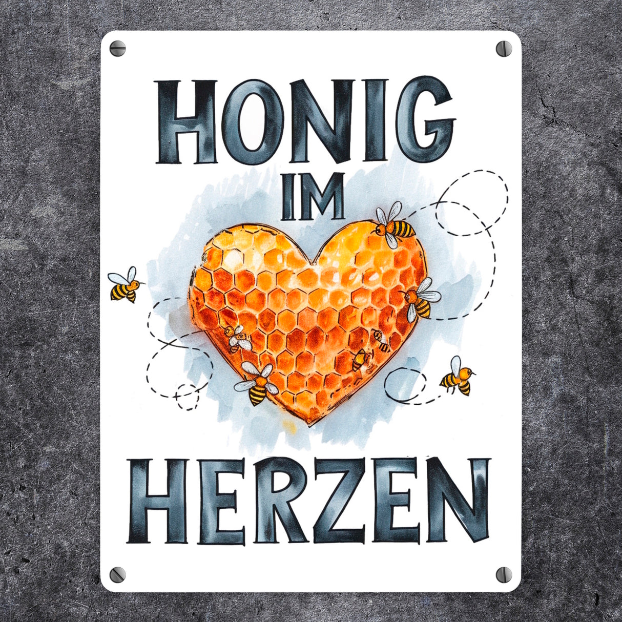 Honig im Herzen Metallschild in 15x20 cm Herz Honigwaben