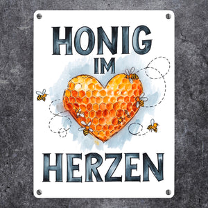 Honig im Herzen Metallschild in 15x20 cm Herz Honigwaben