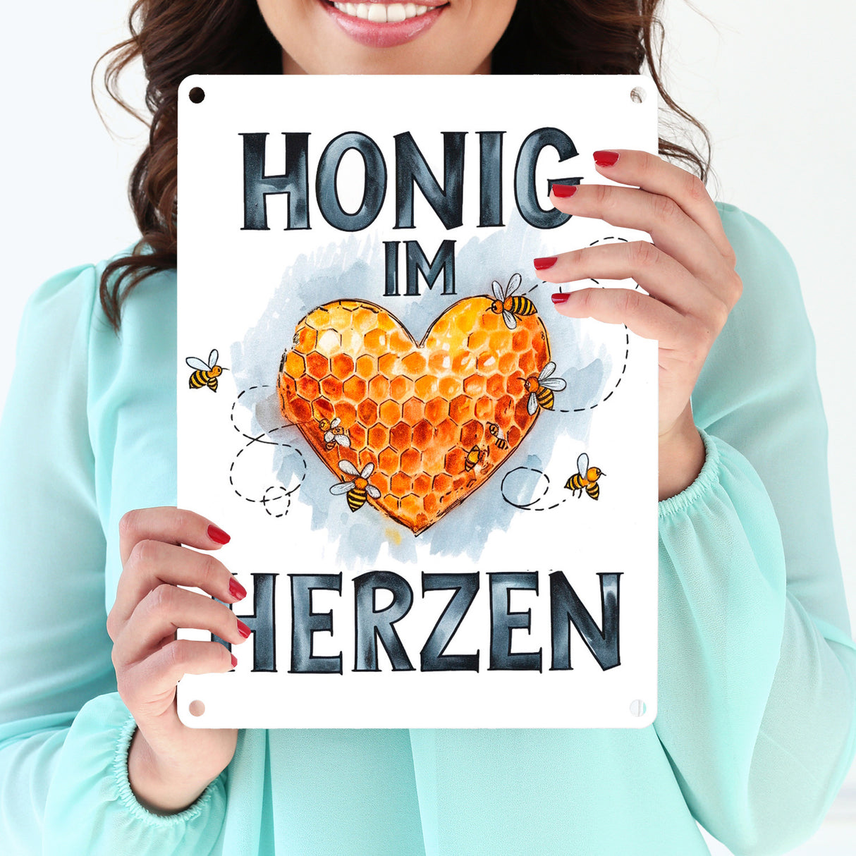 Honig im Herzen Metallschild in 15x20 cm Herz Honigwaben