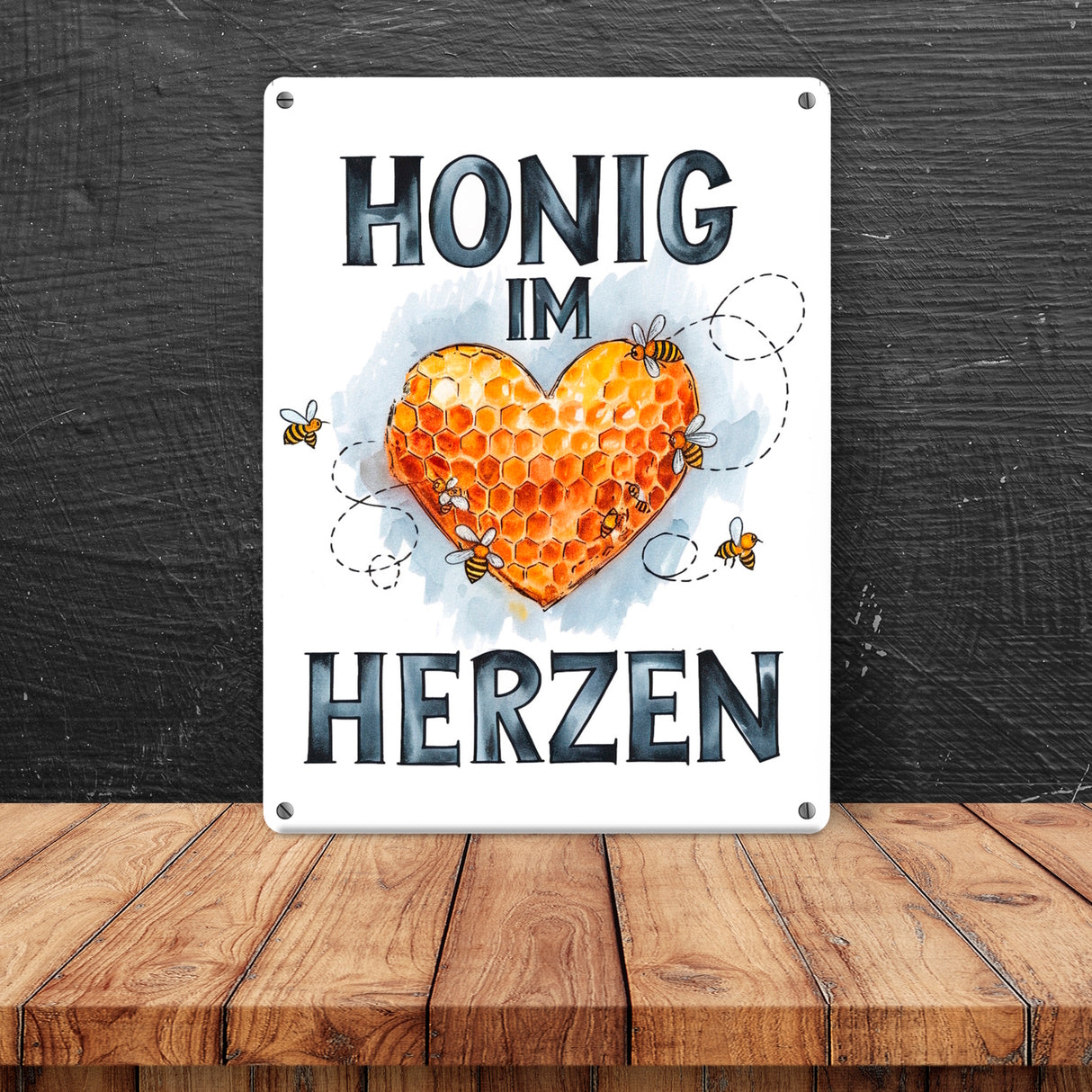 Honig im Herzen Metallschild in 15x20 cm Herz Honigwaben