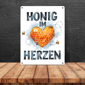 Honig im Herzen Metallschild in 15x20 cm Herz Honigwaben