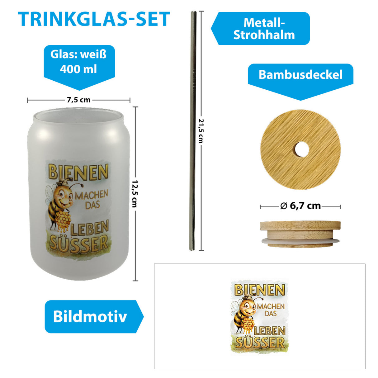 Bienen machen das Leben süßer Trinkglas mit Bambusdeckel Biene mit Honigwabe