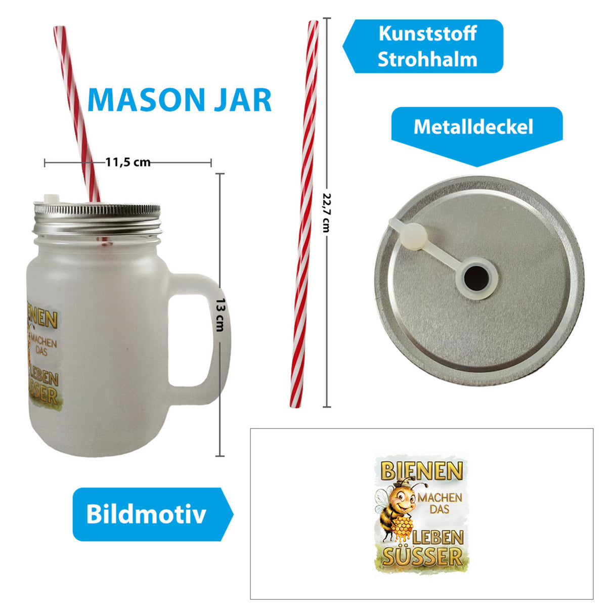 Bienen machen das Leben süßer Trinkglas mit Bambusdeckel Biene mit Honigwabe
