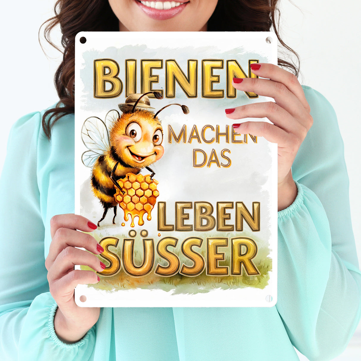 Bienen machen das Leben süßer Metallschild in 15x20 cm Biene mit Honigwabe