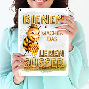 Bienen machen das Leben süßer Metallschild in 15x20 cm Biene mit Honigwabe
