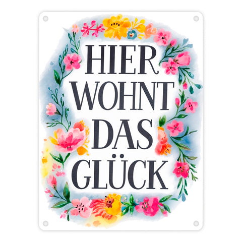 Hier wohnt Glück Metallschild in 15x20 cm Blumenkranz