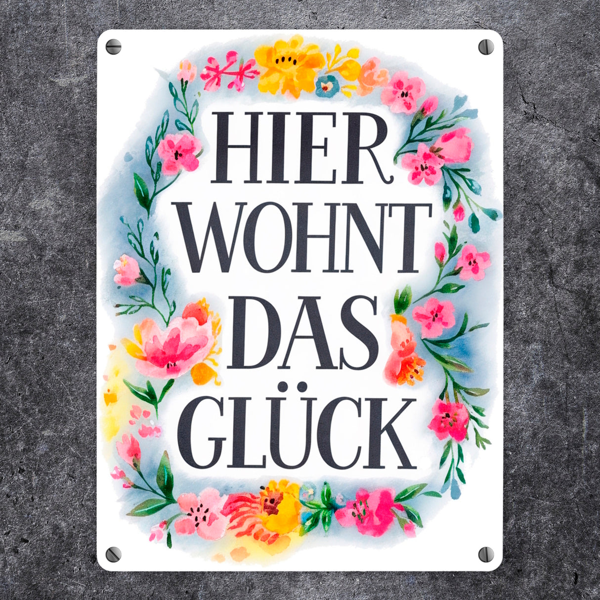 Hier wohnt Glück Metallschild in 15x20 cm Blumenkranz