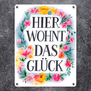 Hier wohnt Glück Metallschild in 15x20 cm Blumenkranz