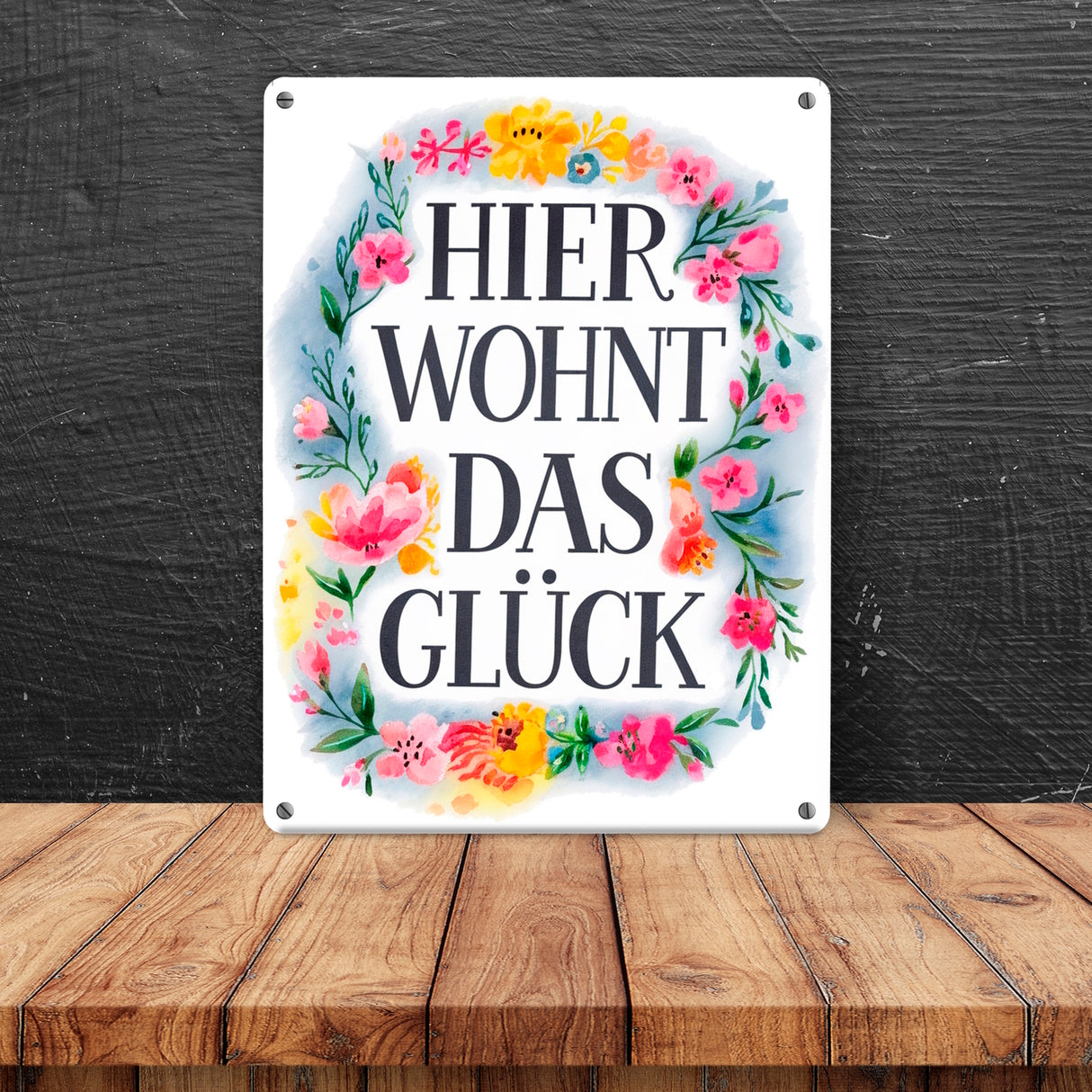 Hier wohnt Glück Metallschild in 15x20 cm Blumenkranz