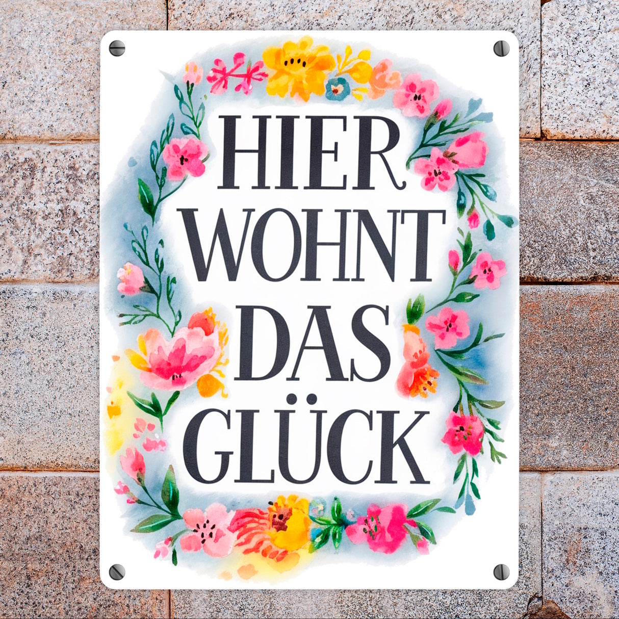 Hier wohnt Glück Metallschild in 15x20 cm Blumenkranz