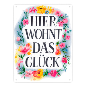 Hier wohnt Glück Metallschild in 15x20 cm Blumenkranz