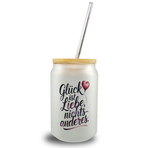 Glück ist Liebe Trinkglas mit Bambusdeckel Herz Luftballon