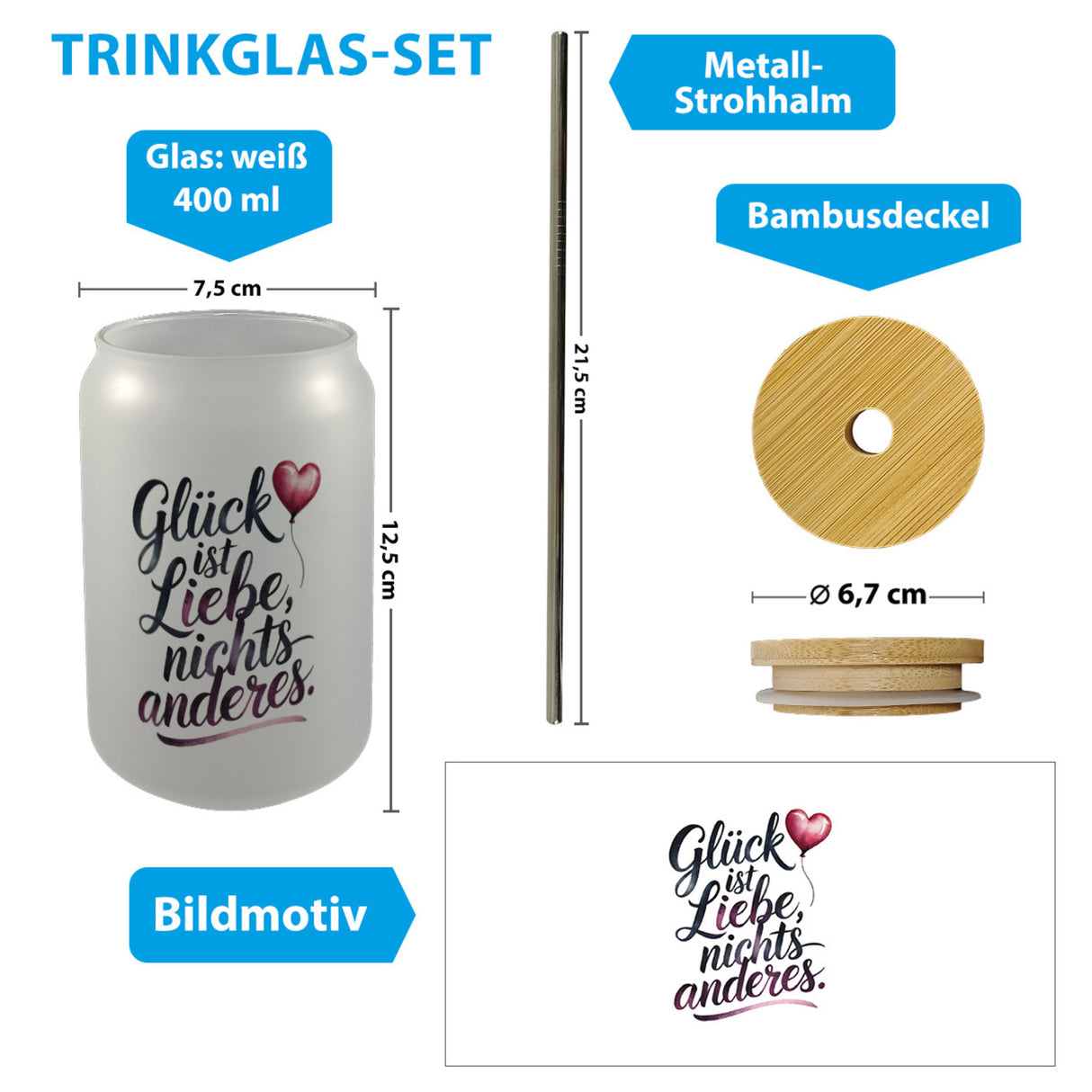 Glück ist Liebe Trinkglas mit Bambusdeckel Herz Luftballon
