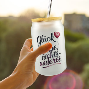 Glück ist Liebe Trinkglas mit Bambusdeckel Herz Luftballon