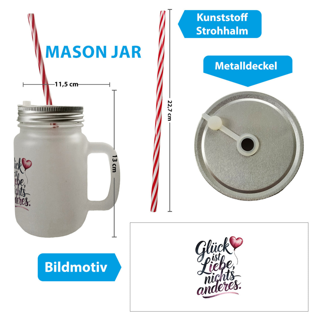 Glück ist Liebe Trinkglas mit Bambusdeckel Herz Luftballon