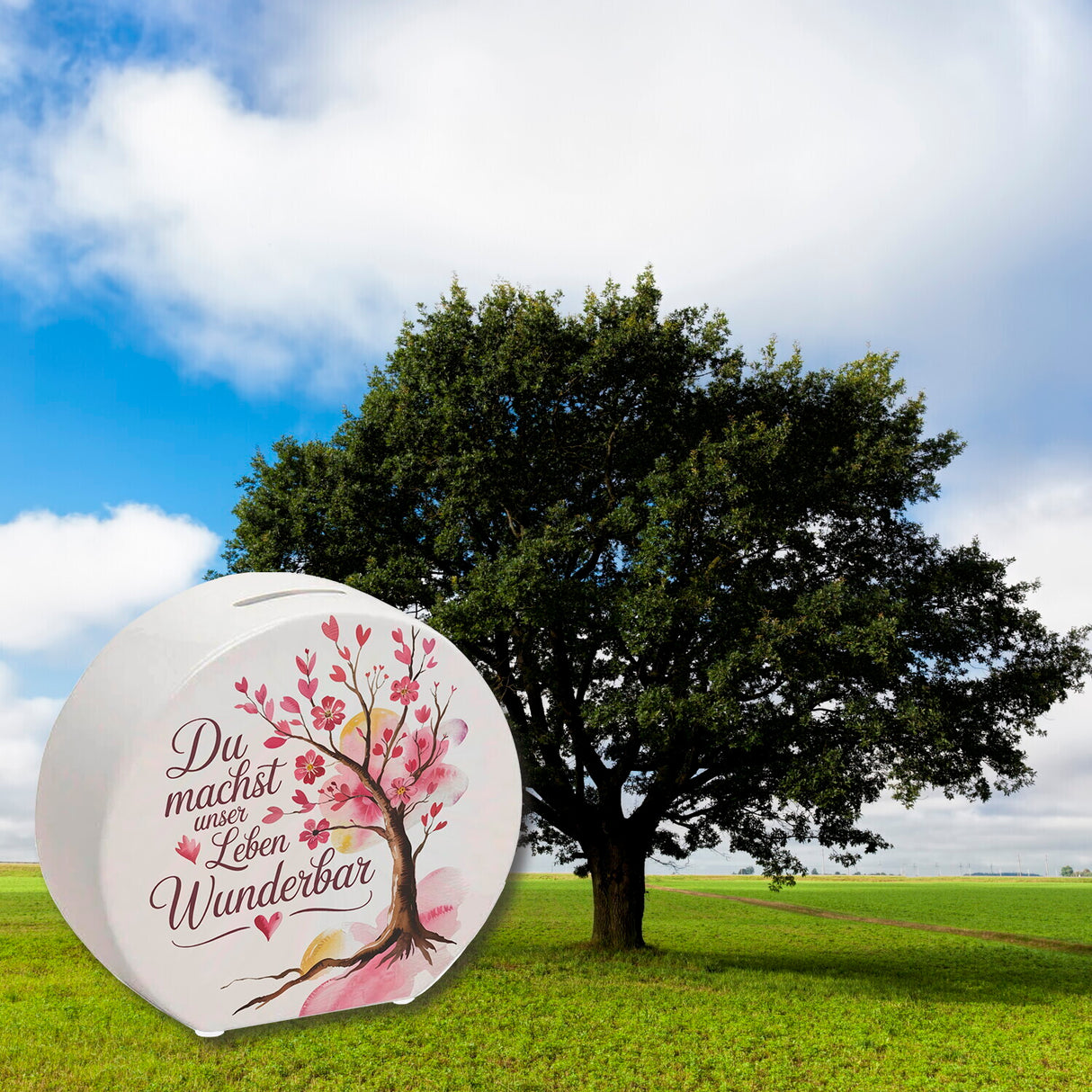 Du machst unser Leben wunderbar Spardose Baum mit Blumen