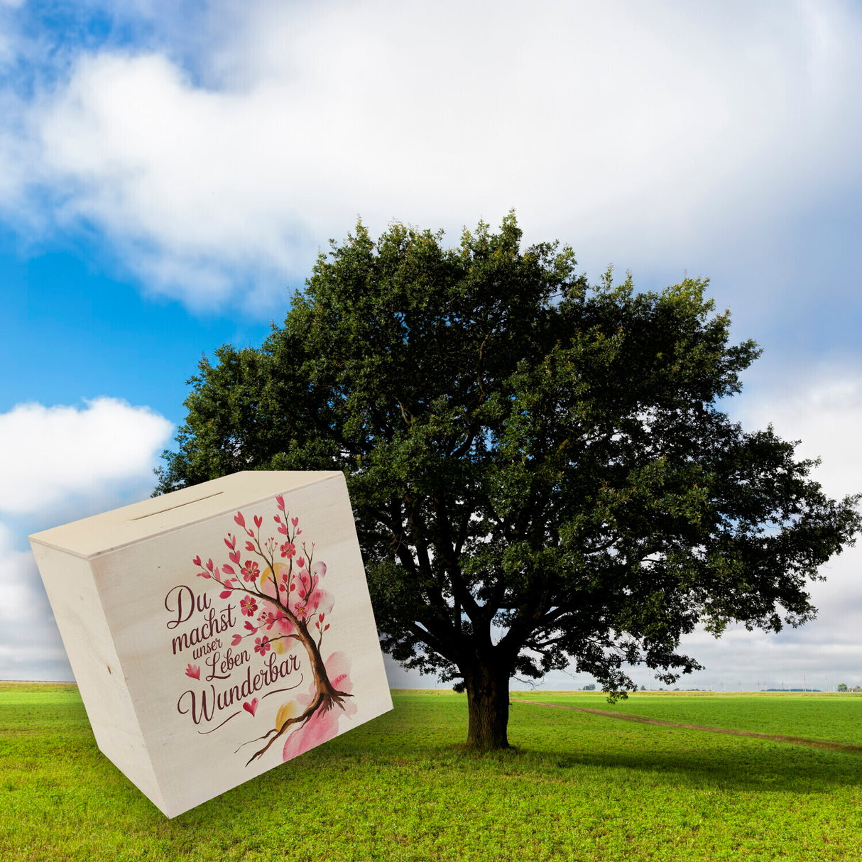 Du machst unser Leben wunderbar Spardose Baum mit Blumen