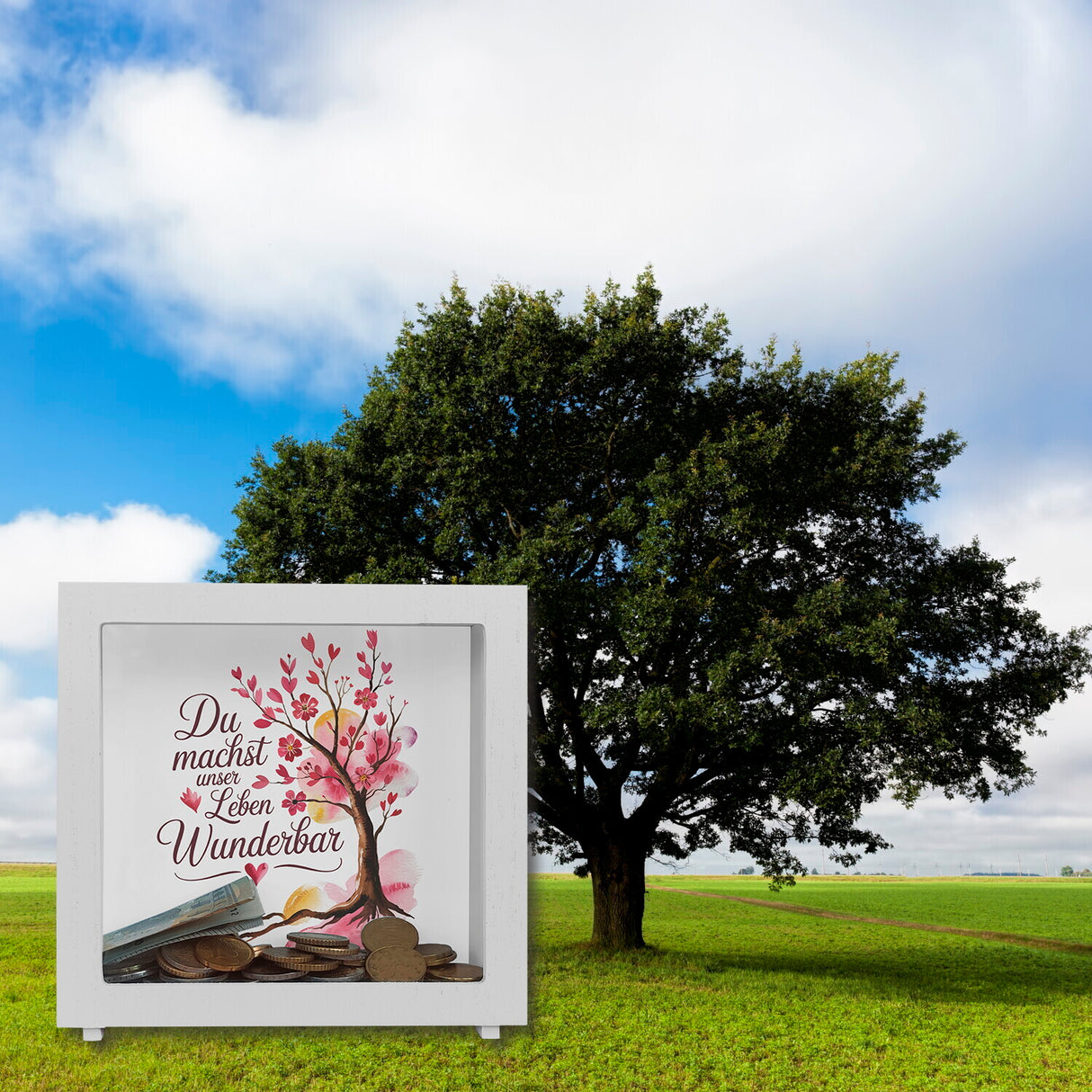 Du machst unser Leben wunderbar Spardose Baum mit Blumen