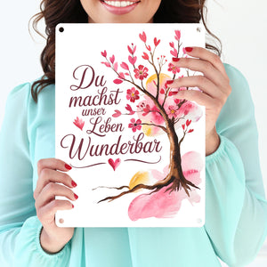 Du machst unser Leben wunderbar Metallschild in 15x20 cm Baum mit Blumen