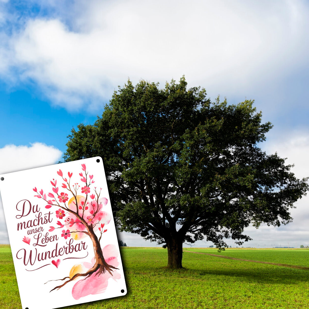 Du machst unser Leben wunderbar Metallschild in 15x20 cm Baum mit Blumen
