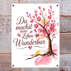Du machst unser Leben wunderbar Metallschild in 15x20 cm Baum mit Blumen