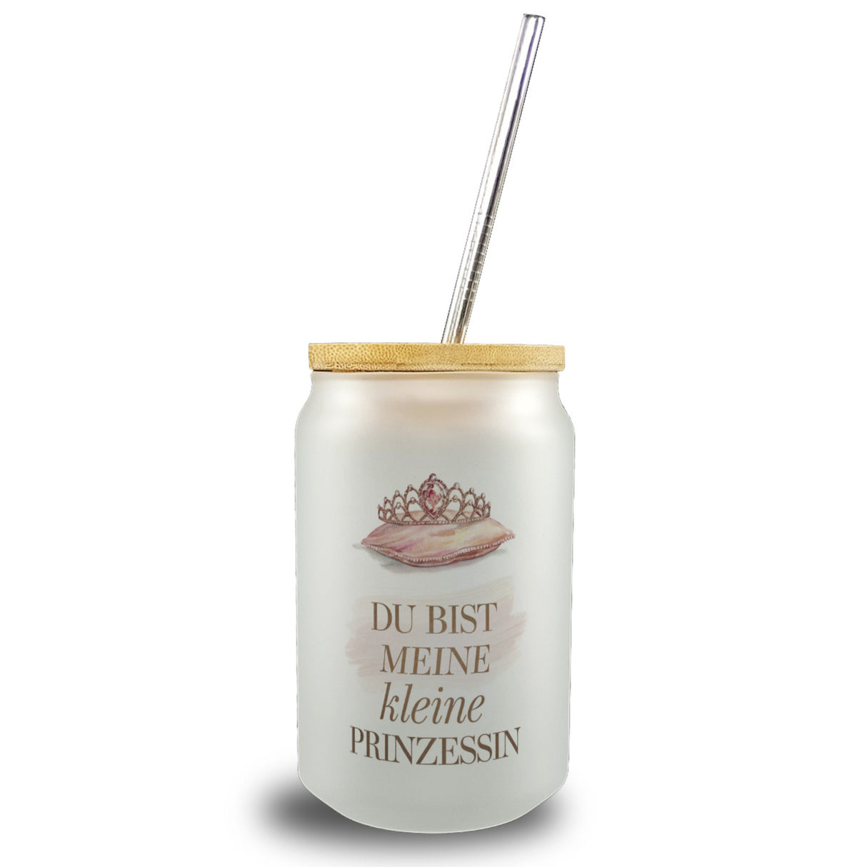 Meine kleine Prinzessin Trinkglas mit Bambusdeckel Tiara auf Kissen