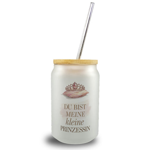 Meine kleine Prinzessin Trinkglas mit Bambusdeckel Tiara auf Kissen