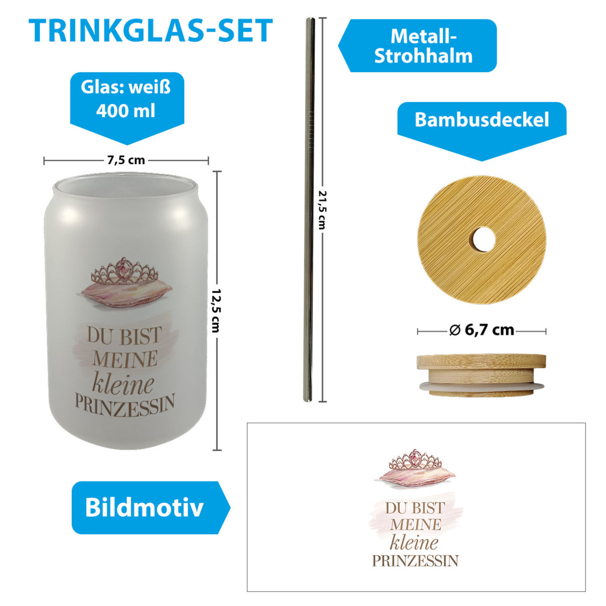 Meine kleine Prinzessin Trinkglas mit Bambusdeckel Tiara auf Kissen