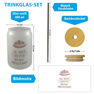 Meine kleine Prinzessin Trinkglas mit Bambusdeckel Tiara auf Kissen