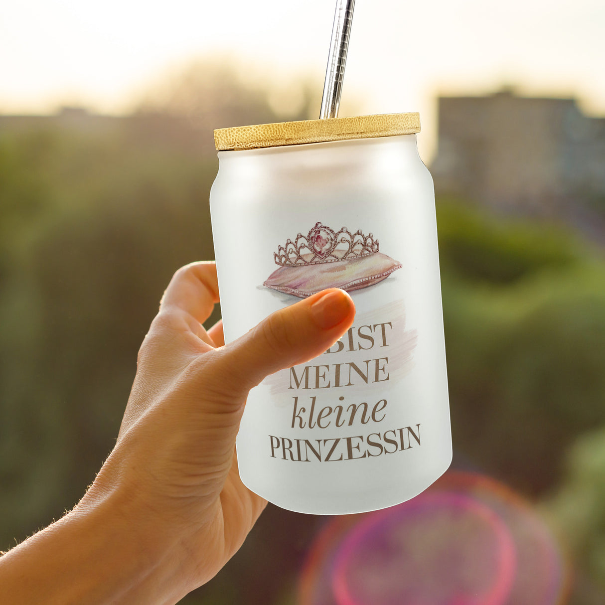Meine kleine Prinzessin Trinkglas mit Bambusdeckel Tiara auf Kissen