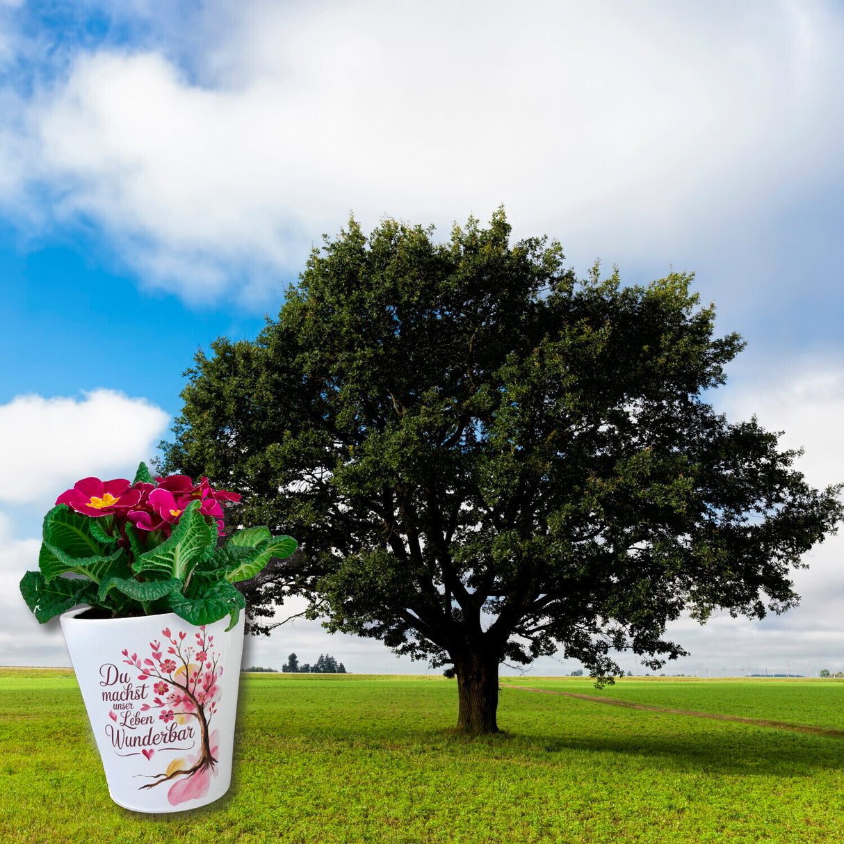 Du machst unser Leben wunderbar Blumentopf Baum mit Blumen