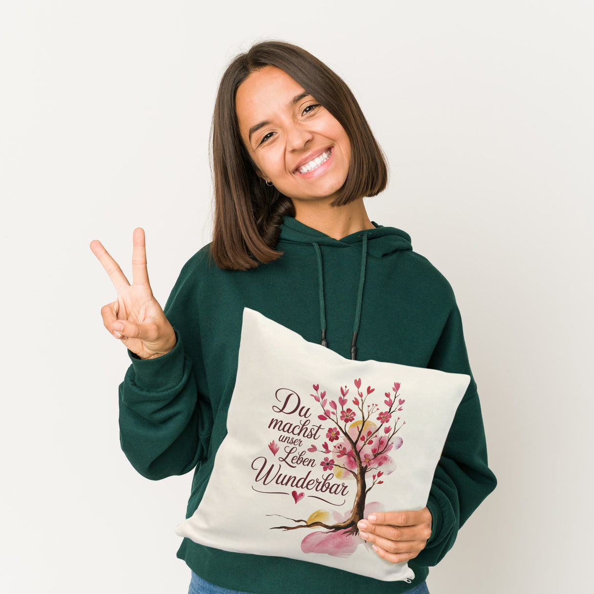 Du machst unser Leben wunderbar Kissen Baum mit Blumen