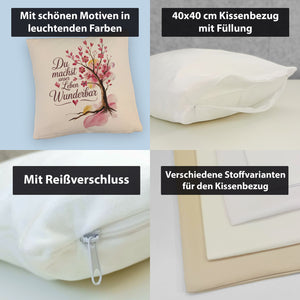 Du machst unser Leben wunderbar Kissen Baum mit Blumen