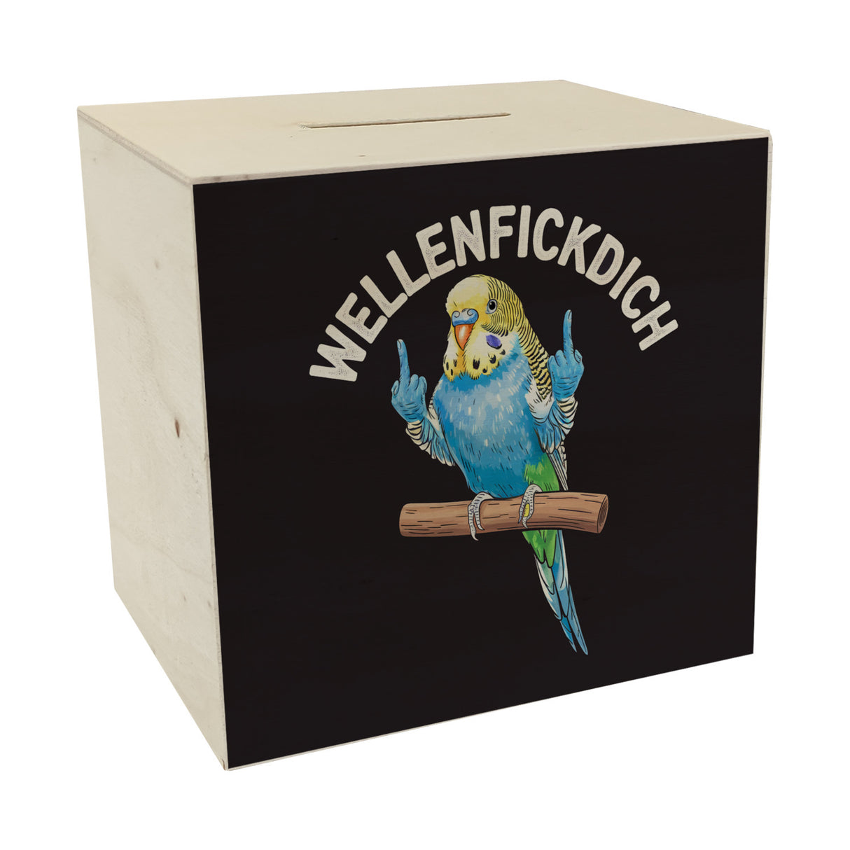 Wellensittich mit Mittelfinger Spardose WELLENFICKDICH