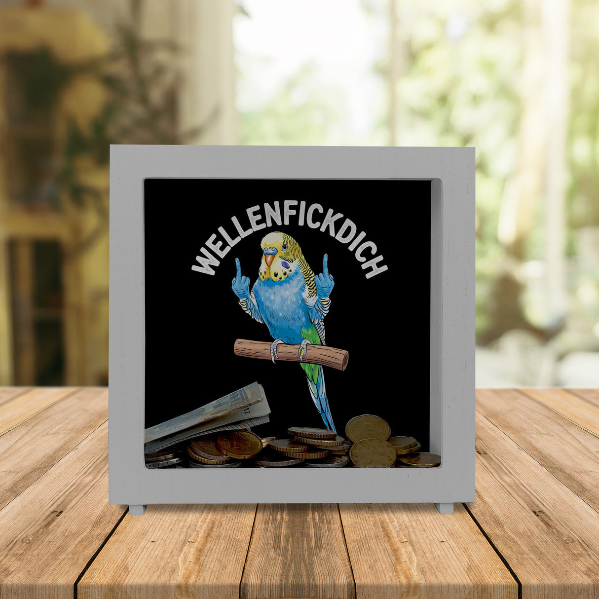 Wellensittich mit Mittelfinger Spardose WELLENFICKDICH