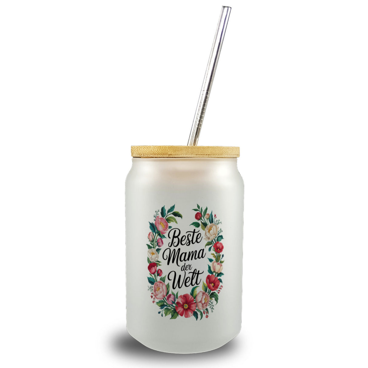 Beste Mama der Welt Trinkglas mit Bambusdeckel Blumenkranz