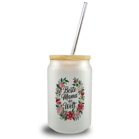 Beste Mama der Welt Trinkglas mit Bambusdeckel Blumenkranz