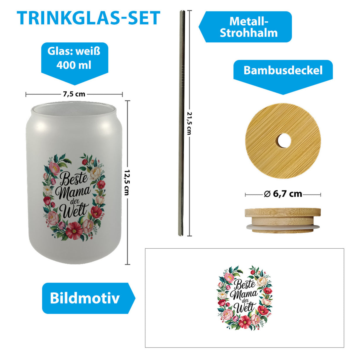 Beste Mama der Welt Trinkglas mit Bambusdeckel Blumenkranz
