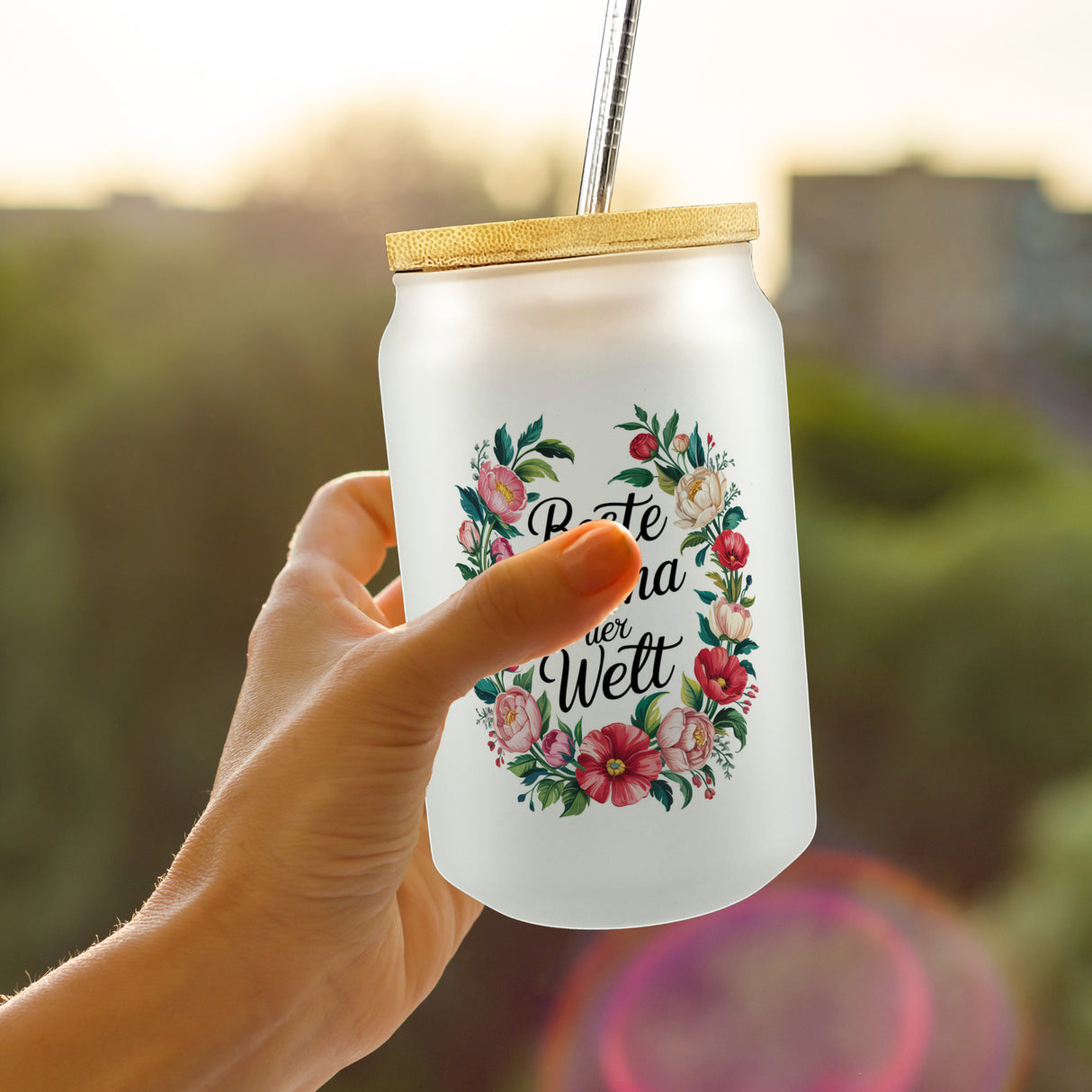 Beste Mama der Welt Trinkglas mit Bambusdeckel Blumenkranz