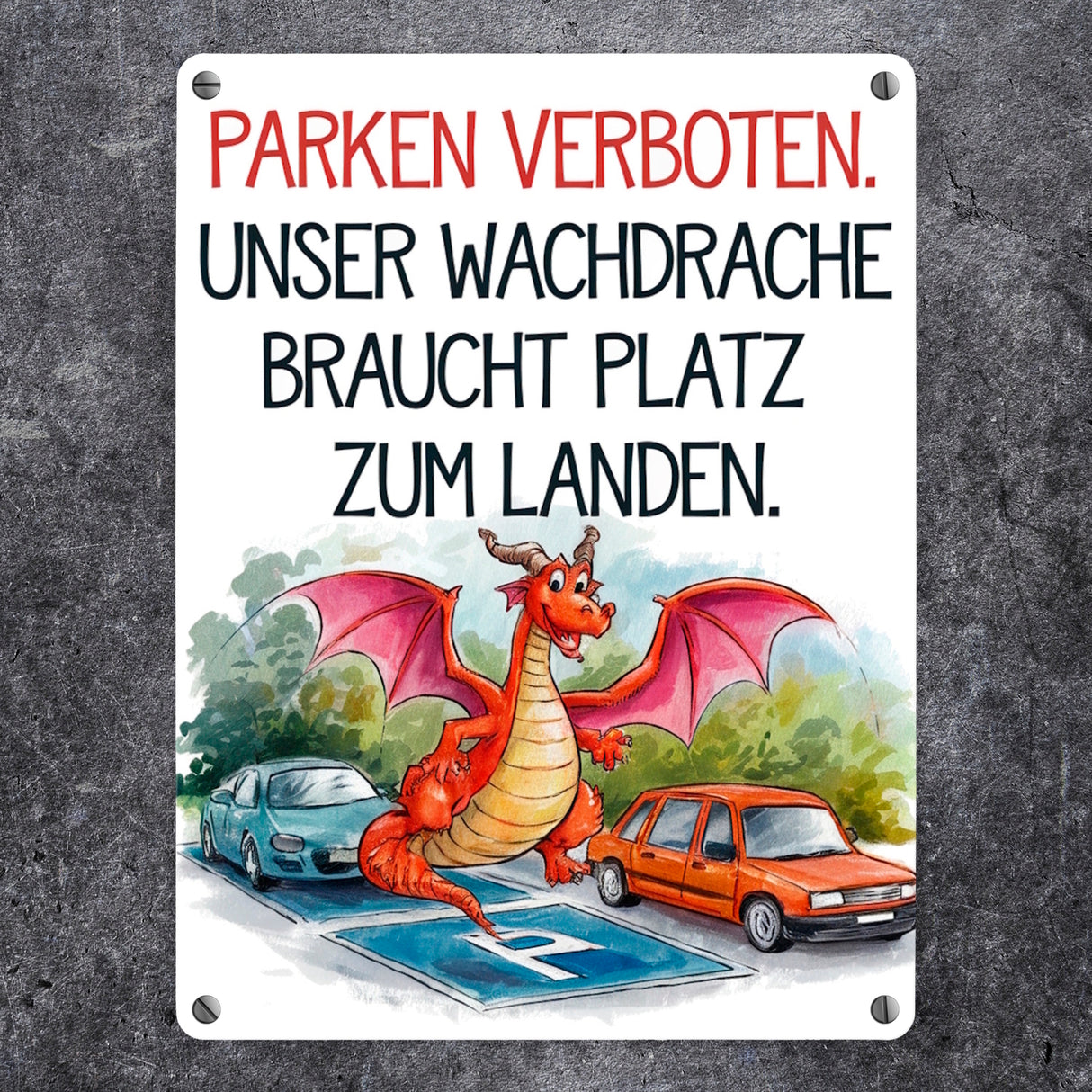 Freundlicher Cartoon Drache Metallschild in 15x20 cm Parken verboten
