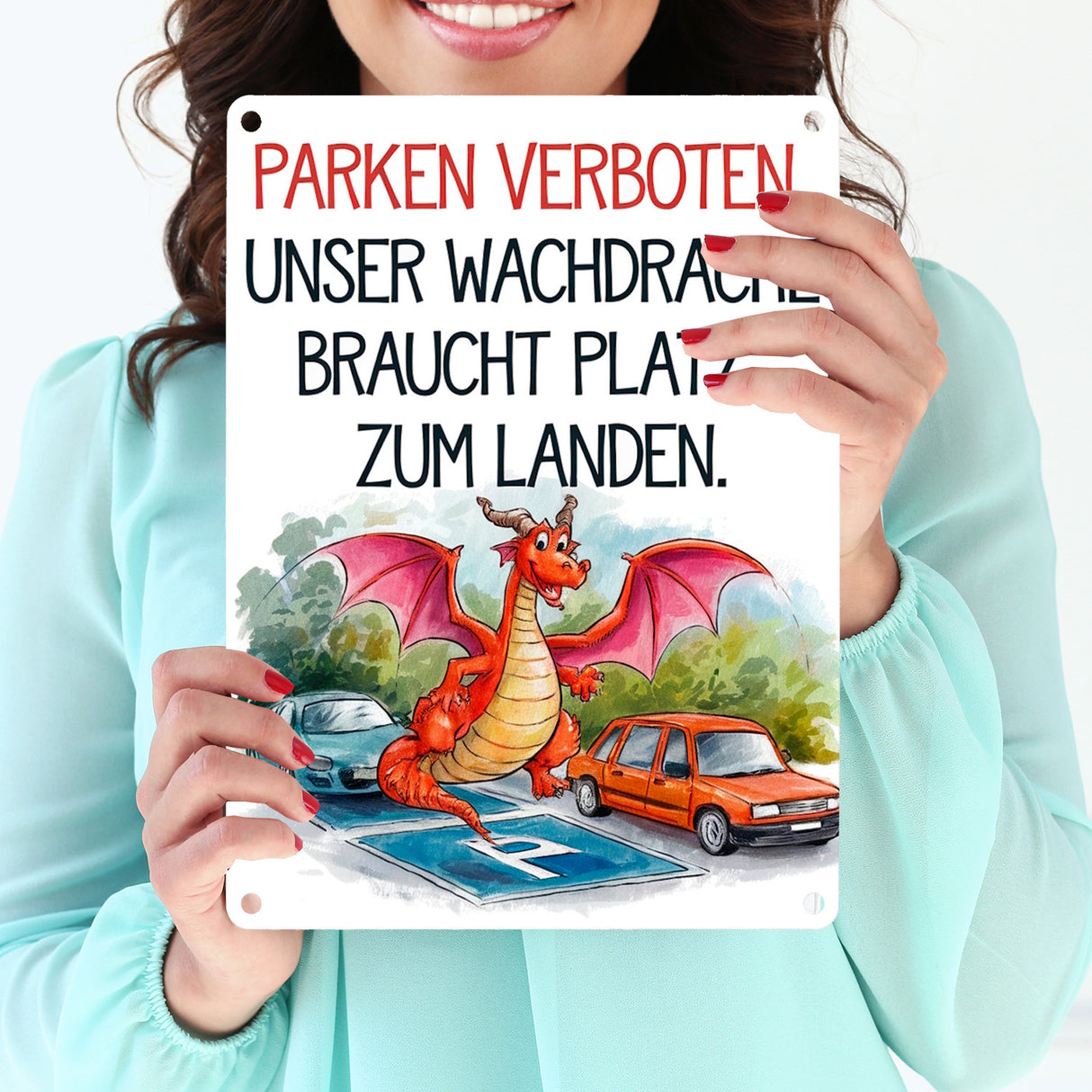 Freundlicher Cartoon Drache Metallschild in 15x20 cm Parken verboten