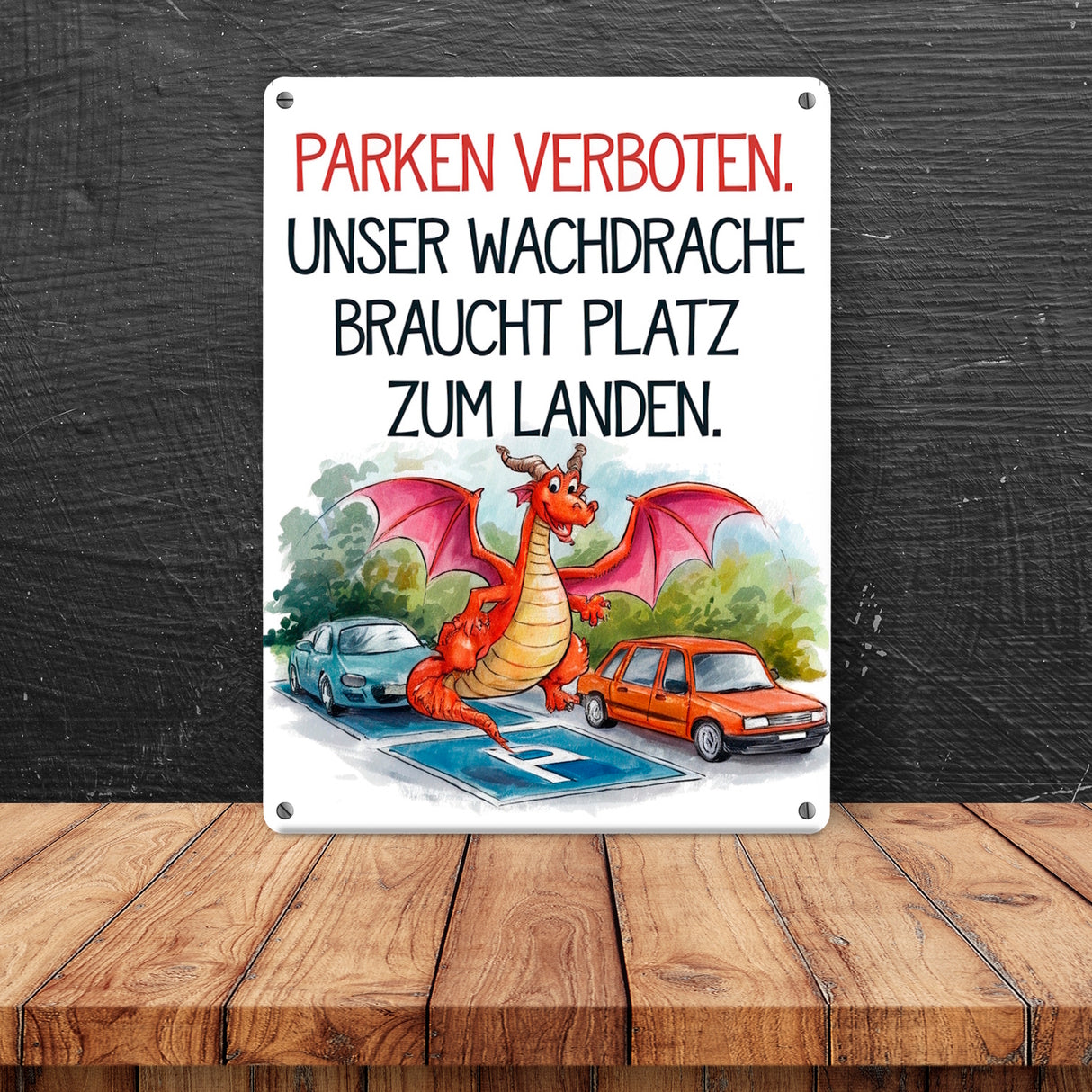 Freundlicher Cartoon Drache Metallschild in 15x20 cm Parken verboten