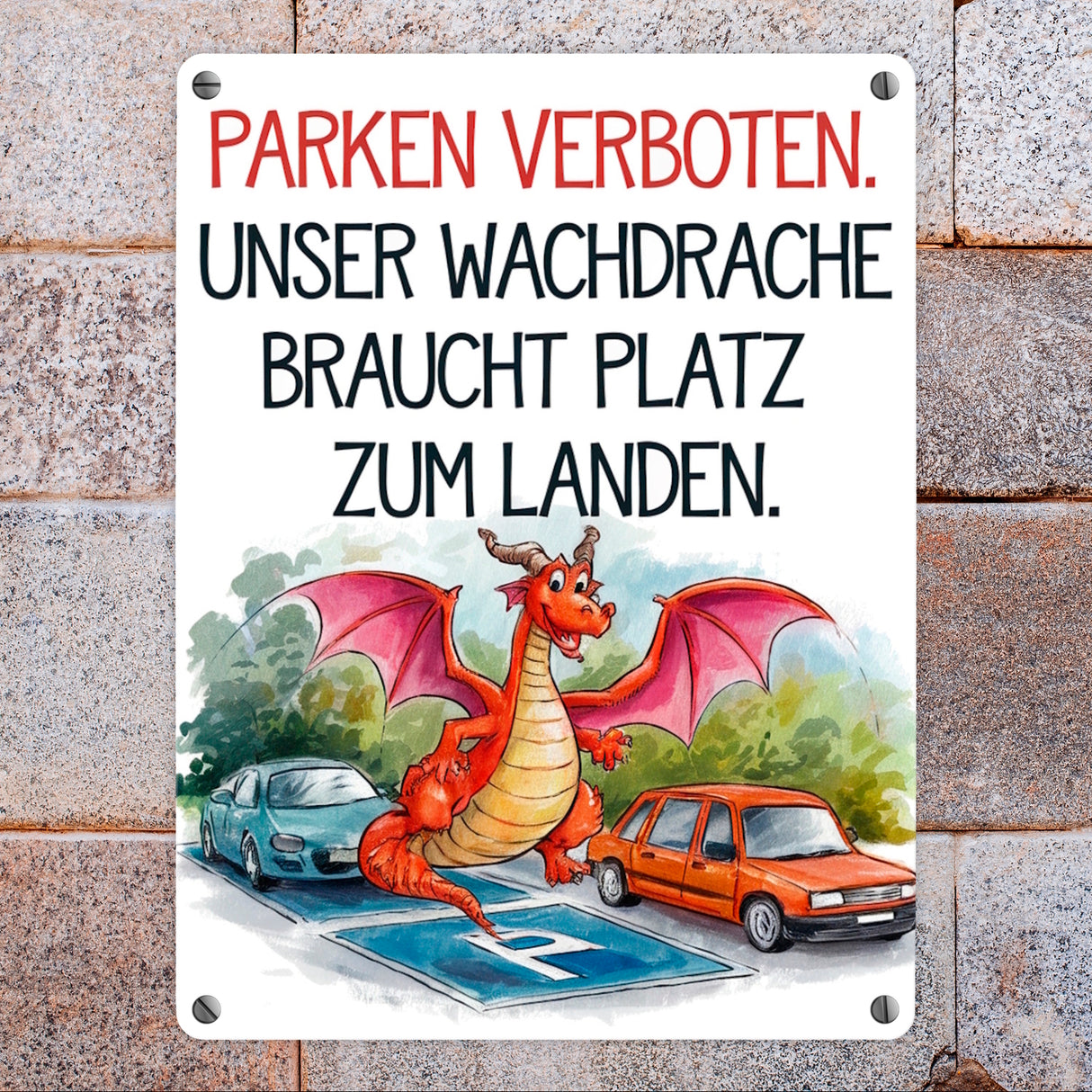 Freundlicher Cartoon Drache Metallschild in 15x20 cm Parken verboten