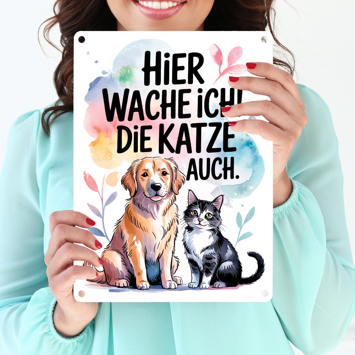Hier wache ich Hund und Katze Metallschild in 15x20 cm
